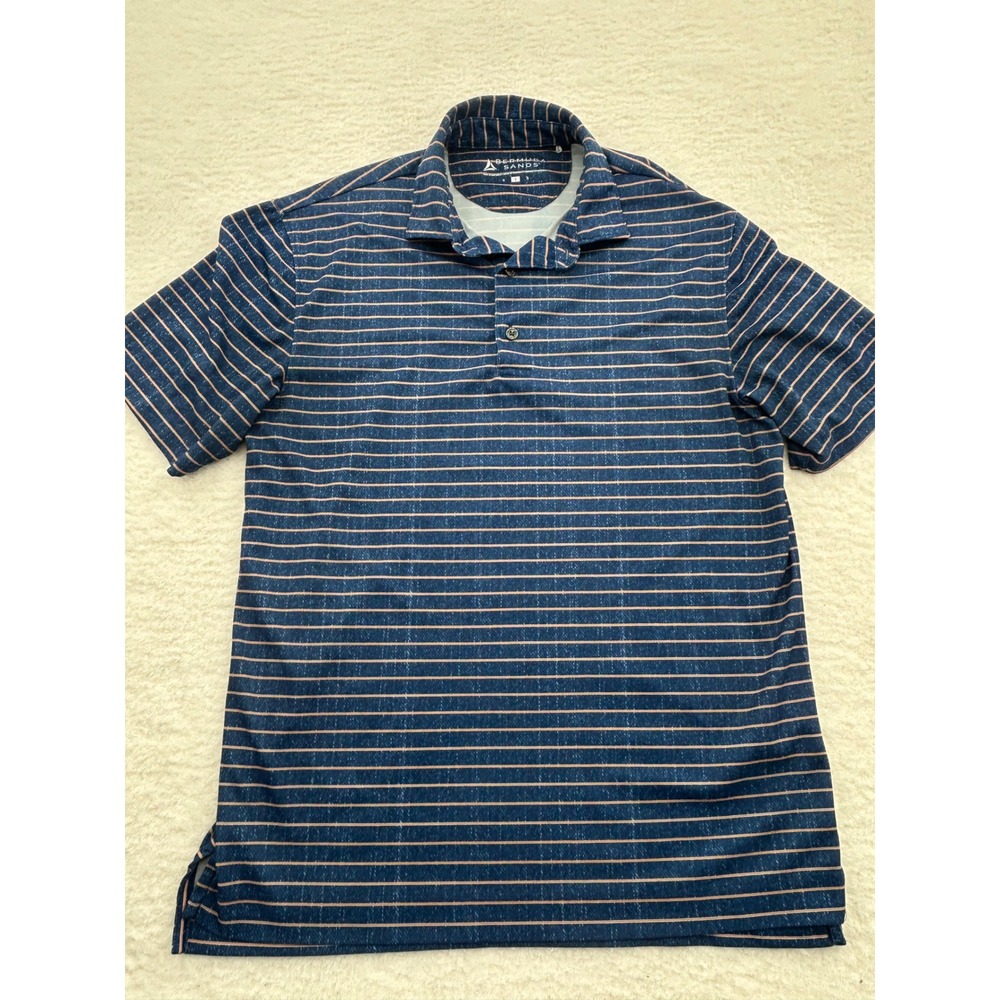 Bermuda Sands Mens Small Blue Orange Striped Performance Golf Polo Shirt Small